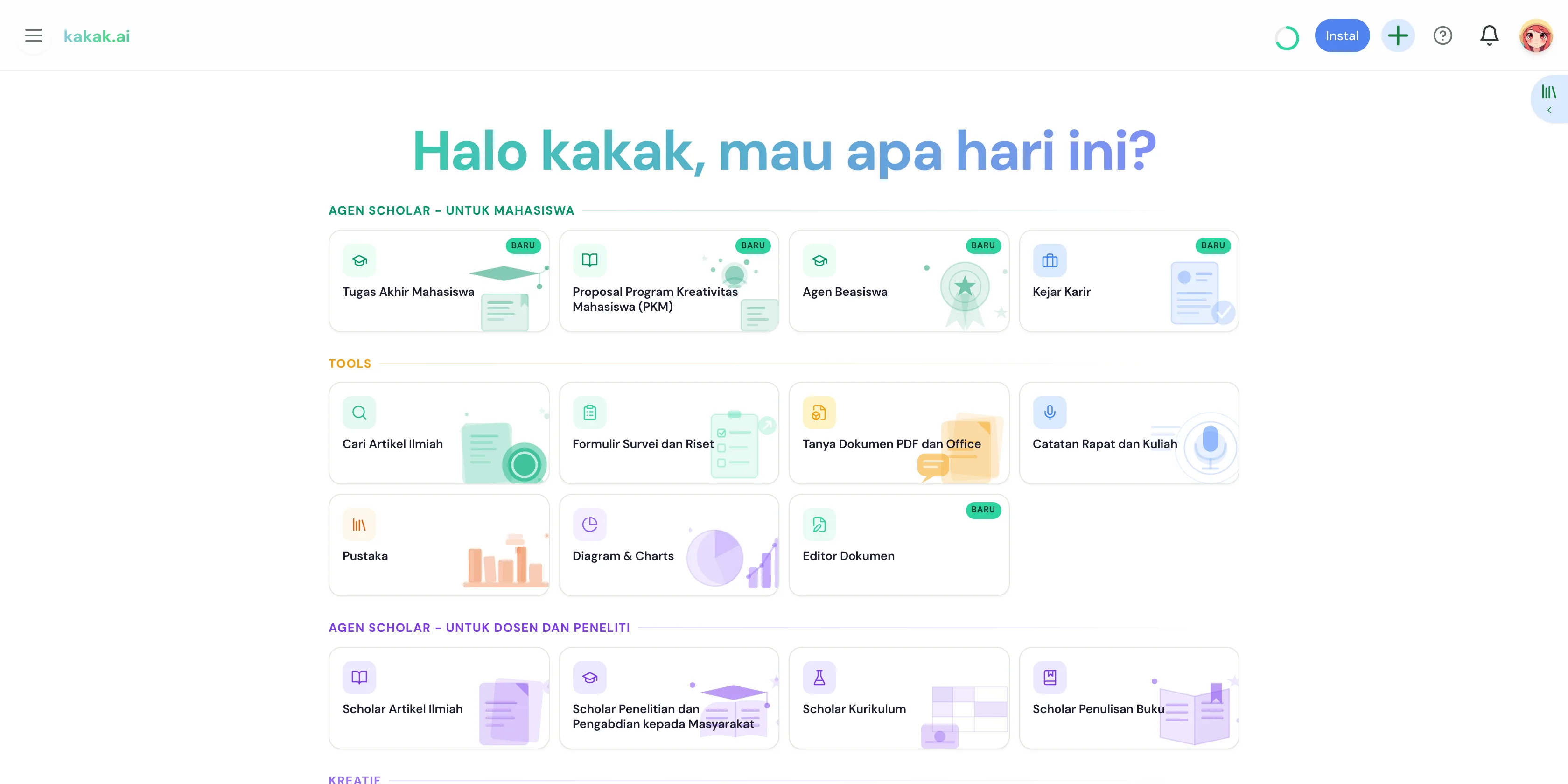 Beranda kakak.ai dengan Agen Scholar untuk mahasiswa, tools, dan Agen Scholar untuk dosen dan peneliti